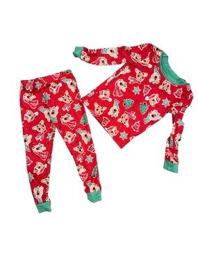 Kids Red Holiday Reindeer Pajama Set with Green Trim